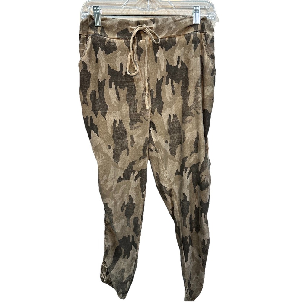 Venti6 Camo Cargo Jogger Crinkle with Stud Side Stipe Green Made in Italy Small